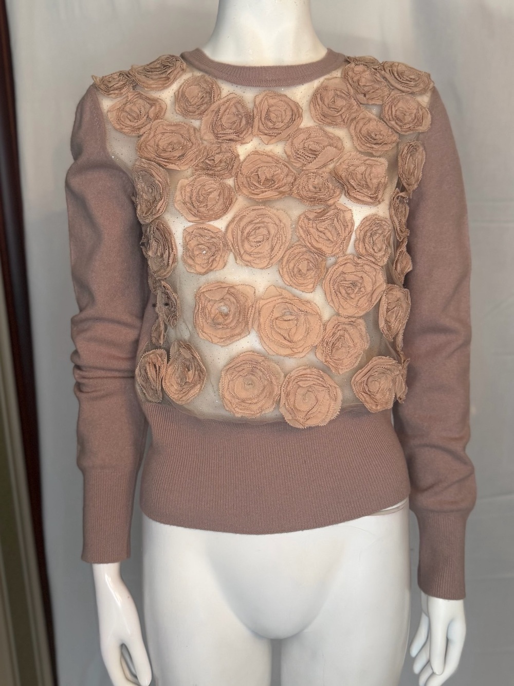 Valentino Rose-Appliqué Crewneck Sweater in Blush